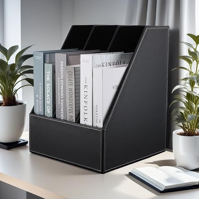 KINGFOM Desktop Wooden Leatherette Magazine File Holder-Organizer-3 Compartment - Image 7