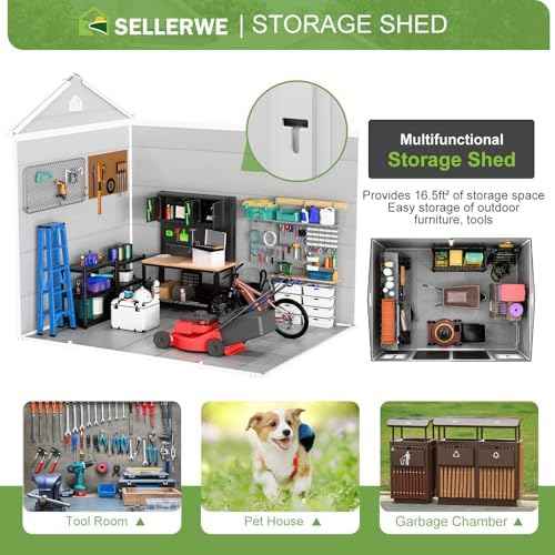 8x6 FT Resin Shed, Waterproof Outdoor Storage Shed w/Floor, 2 Windows, Double Doors & Vents, Tool Shed for Patio Garden, Lawn, Backyard, Grey