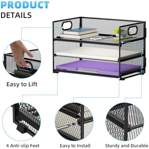 Marbrasse 3 Tier Paper Organizer Letter Tray, Mesh File Organizer with Handle, Paper Sorter Desk Organizer for Home Office Supplies
