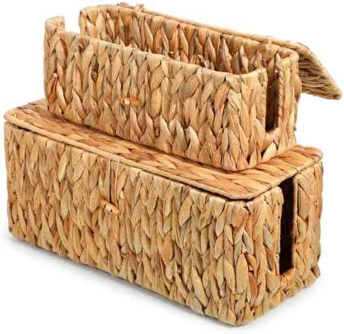 2 Pack Rattan Cable Management Box with Lid & 2 Side Open Slots
