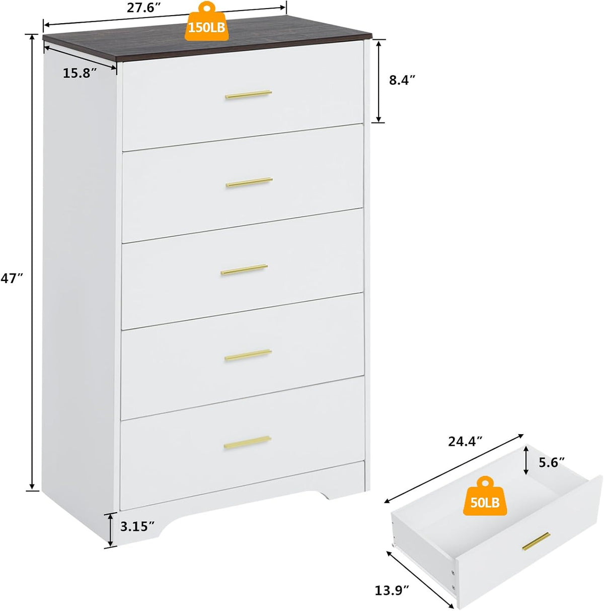 White Dresser for Bedroom, Tall 5 Drawer Dressers & Chests of Drawers
