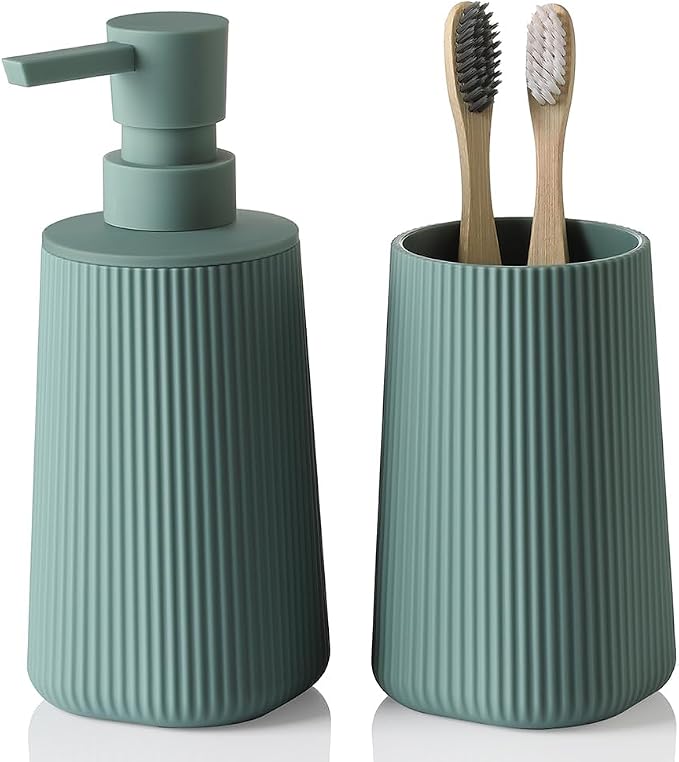 Bathroom Accessories 2 Piece Soap Dispenser and Toothbrush Holder Set Striped by KellyHome