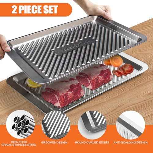 Grilling Prep and Serve Trays, Set of 2 Stackable Stainless Steel BBQ Tray, Standard Marinating Container, Serving Platter for Plating Food, BBQ Prep Tub for Marinating Meats, Grill Accessories