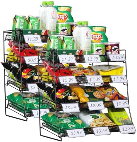 4-Tier Black Stackable Candy Display Rack, Snack Organizer for Countertop, Stores, Offices with 24 Signs and 60 Labels（Metal Mesh Plate） (Black-2 Pack)
