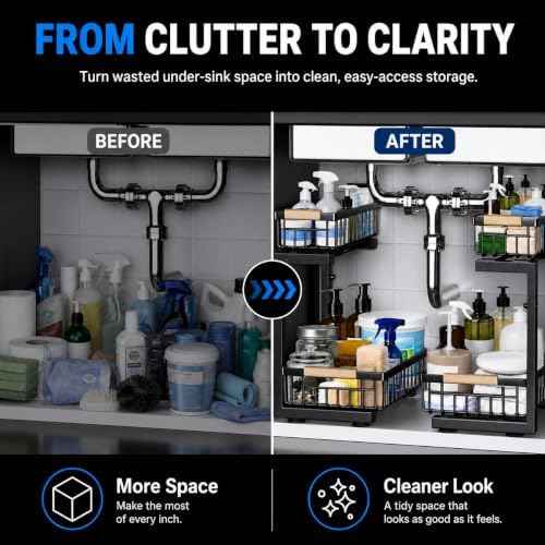 Under Sink Organizer 2 Pack, Double Slide Out Metal Shelf, Black