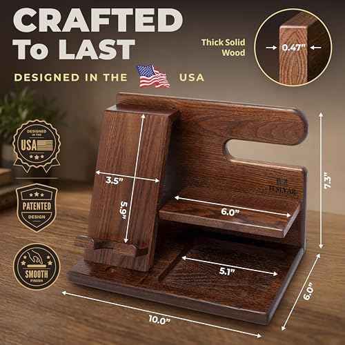 TESLYAR Wood Phone Docking Station for Men - Desktop or Nightstand Organizer - Birthday Gifts for Men, Dad - Anniversary Idea from Wife - Key Holder, Stand Wallet, Watch & Essentials (Bourbon Brown)