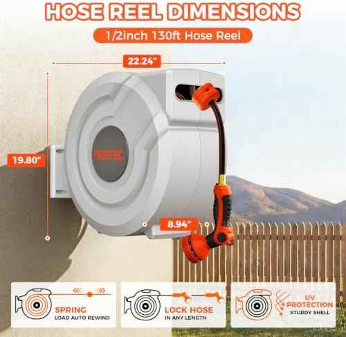Upgraded Retractable Garden Hose Reel 1/2" x 130 ft 9 Pattern Nozzle Any Length Lock Wall-Mounted Automatic Slow Return 180° Swivel UV Resistant Heavy Duty Hose Reels for Outside