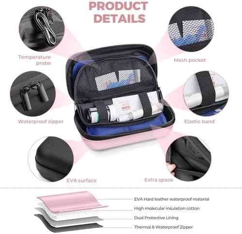TSA Approved Insulin Cooler Travel Case Diabetic Medication Bag with Thermometer Temperature Display Medication Diabetic Cooler Travel Medicine Organizer Bag for Women & 2 Ice Pack-Pink