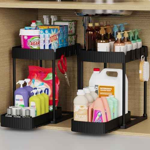 2 Packs Under Sink Pull-Out Storage Organizers, 14.8 Inches, Black