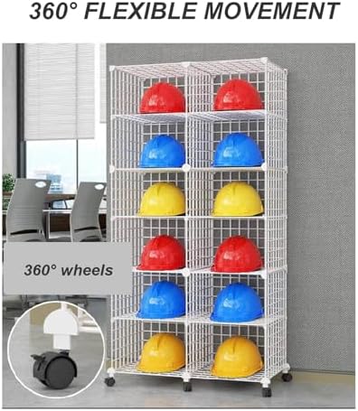 Stackable Safety Helmet Storage Boxes, Large Adjustable Hard Hat Placement Organizer Rack with Wheels, Retail Floor-Standing Motorcycle Helmet Display Shelf for Construction Site/Garage/Factory