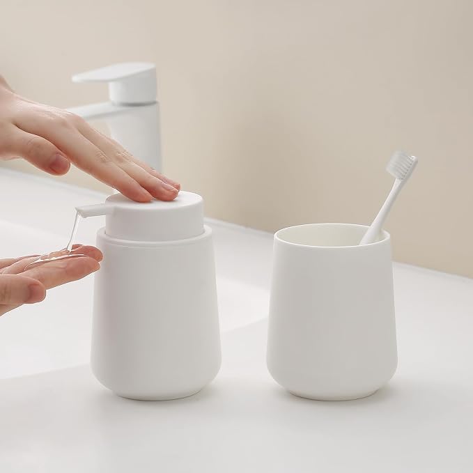 Matte White Bathroom Accessories 2 Piece Set Plastic Soap Dispenser and - Image 2