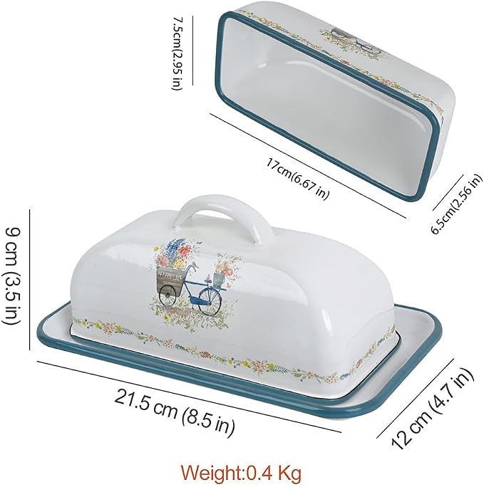 Enamel Butter Dish with Lid Vintage Enamelware Butter Keeper with Flower and - Image 2