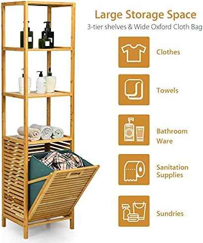 4 Tier Bamboo Shelves with Tilt Out Laundry Hamper, Freestanding Storage Shelf with Laundry Basket, Tower Hamper Organizer for Laundry Room, Bathroom, Bedroom, Natural