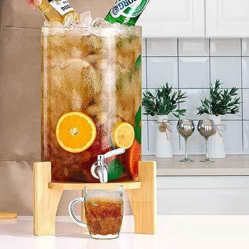 Glass Drink Dispenser with Stand,2.1 Gallons Wood Stand Cold Beverage Dispensers-Large Drink Dispensers For Parties,Bars,Restaurants