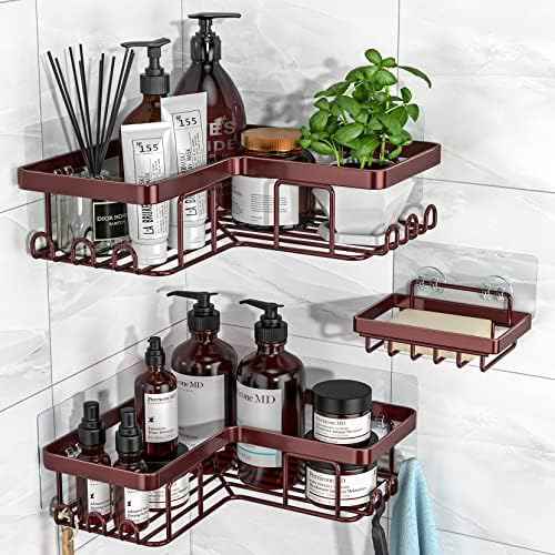 YASONIC Corner Shower Caddy, 3-Pack Adhesive Shower Caddy with Soap Holder and 12 Hooks, Rustproof Stainless Steel, No Drilling Wall Mounted Rack Organizer, for Bathroom, Bronze