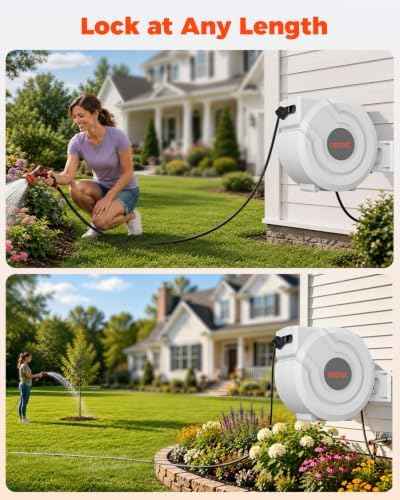 5/8 inch 100ft Retractable Garden Hose Reel with Any-Length Lock Slow Auto Rewind Heavy Duty Hose Reel With 9-Pattern Nozzle 180° Swivel Bracket UV Resistant Wall Mounted Hose Reel for Outside