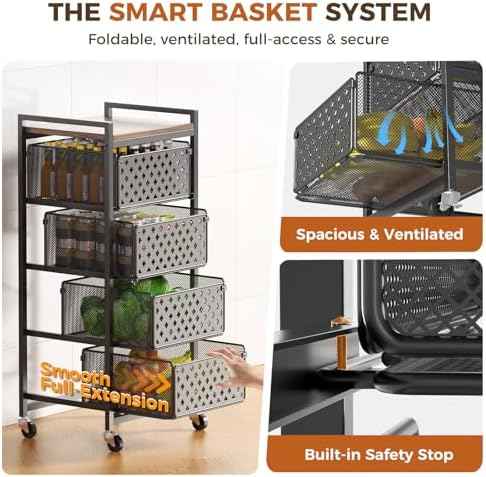 5 Tier Kitchen Storage Cart with Wheels, Utility Fruit Vegetable Storage Rack Stand with Pull-Out Baskets & Wood Top, Metal 4-Drawers Rolling Snack Cart, Kitchen Cart for Potato Onion(Black)
