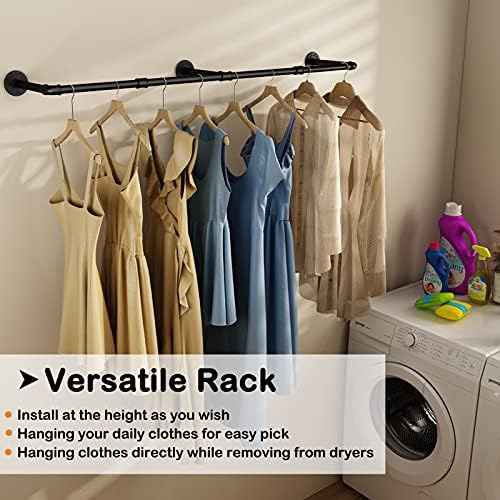 Wall Mounted Clothes Rack, 60in Industrial Pipe Clothing Rack for Hanging Clothes, Heavy Duty Garment Rack Wall, Space-Saving Bar, Multi-Purpose Hanging Rod for Laundry Room, Bedroom, 1 Pack