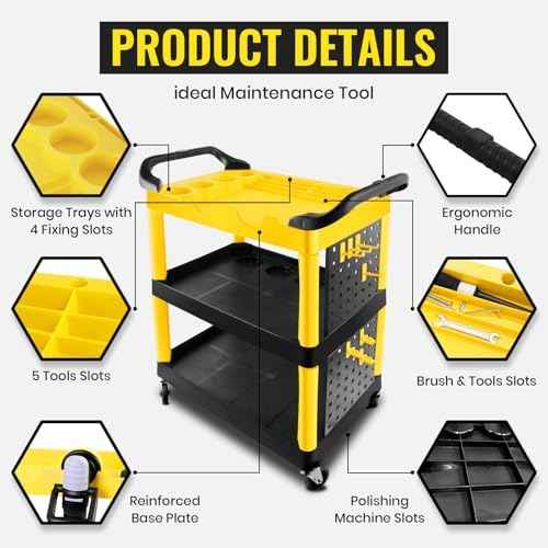 Auto Detailing Cart with Wheels, 3 Tier Car Detailing Cart with Hanging Boards & Hooks, Car Wash Rolling Organizer Cartfor Garage Workshop DIY Home