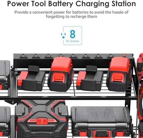 CCCEI Large Garage Tools Storage with Charging Station. Power Tool Battery Organizer Utility Shelf with Power Strip. 4 Drills Holder Wall Mount Rack, Black 3 Layer.