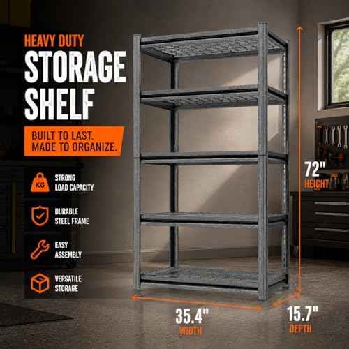 Garage Shelving 3000LBS Storage Shelves Heavy Duty 5-Tier Adjustable Garage Storage Shelves Metal Shelving Units for Warehouse, Basement, Commercial, Industrial, 72"H×35.4"W×15.7"D, Black