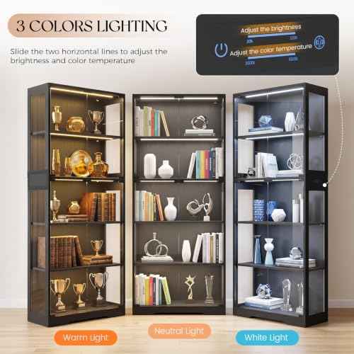 Display Cabinet with Glass Doors, LED Lights Motion Sensor