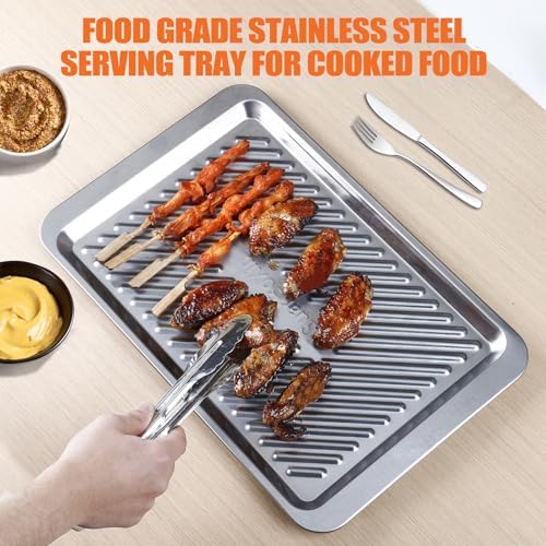 Grilling Prep and Serve Trays, Set of 2 Stackable Stainless Steel BBQ Tray, Standard Marinating Container, Serving Platter for Plating Food, BBQ Prep Tub for Marinating Meats, Grill Accessories