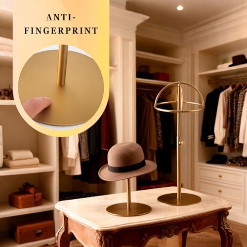 Hat Display Stand 2PCS Stainless Steel Brushed Nickel Titanium Hat Stand Metal Golden Adjustable Height Cap Rack Showcase Fingerprint Resistant for Home Boutique Retail Store