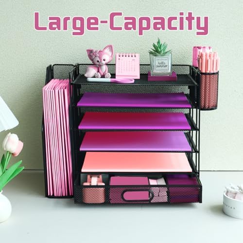 Desk Organizers and Accessories with File Holder, 6-Tier Paper Letter Tray Organiser with Drawer and 2 Pen Holder, Mesh Desktop Document Organizer for Office Supplies, Workspace - Black