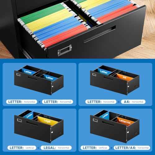 BYNSOE 4 Drawer Filing Cabinet with Lock Metal Lateral File Cabinet Office Home Steel Lateral File Cabinet for A4 Legal/Letter Size Wide Metal Cabinet Locked,Assembly Required (4 Drawer, Black)