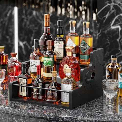KLM Liquor Bottle Display Shelf, Coffee Syrup Rack Organizer, 3 Step Countertop Liquor Wine Rack, Mini bar,Liquor Cabinet, Home Retro Bar Shelf Stand for Liquor Whiskey, Spirits（Black）