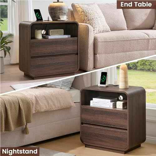 Standifurno Modern Nightstand Set of 2, 23.2" Wide Wood Bedside Table with Charging Station, 2 Storage Drawers Side Table Curved Profile, Handleless, Large End Table Night Stand for Bedroom, Walnut