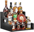 KLM Liquor Bottle Display Shelf, Coffee Syrup Rack Organizer, 3 Step Countertop Liquor Wine Rack, Mini bar,Liquor Cabinet, Home Retro Bar Shelf Stand for Liquor Whiskey, Spirits（Black）