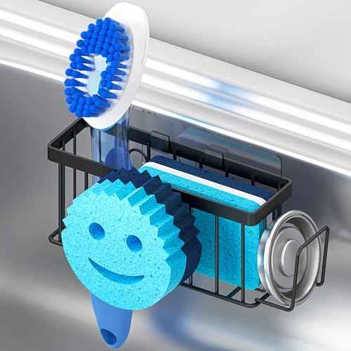 MURLONG Sponge Holder for Kitchen Sink,Sink Caddy Smiley Face,4-in-1 Sponge Holder with Suction Cups & 1 PCS Adhesive Strips for Holding Soap,Brush,Scrubber,Sponge,Stopper-Black