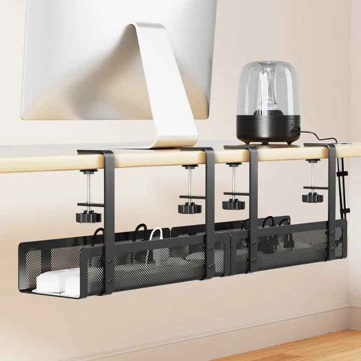[Upgraded] 2 Pack Cable Management Under Desk Tray, Xpatee 27.6" No Drill Open Slots Cable Management Tray, Cord Wire Organizer Box with Clamp for Table Thickness up to 3" - No Desk Damage(Black)