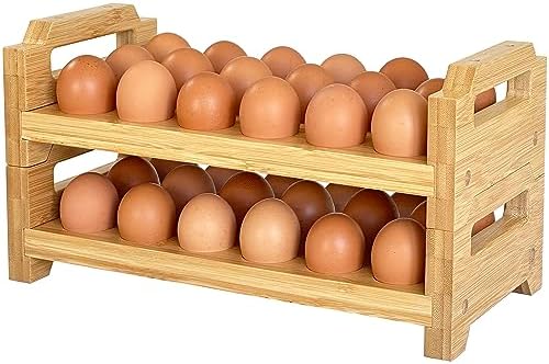 Bamboo Egg Holder Countertop - Stackable Design for Fresh Eggs, Farmhouse Egg Tray Storage Display Rack, Kitchen Counter Top Organizer Wooden Egg Stand, Fits Quail, Duck, Turkey, Chicken Eggs (Modern)