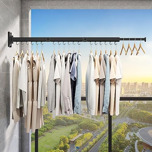 Wall Mounted Tri-Fold Clothes Drying Rack, Heavy Duty Collapsible Laundry Drying Rack, Space-Saving Retractable Foldable Drying Rack Clothes for Laundry Room Balcony Bathroom,Black-Hooks