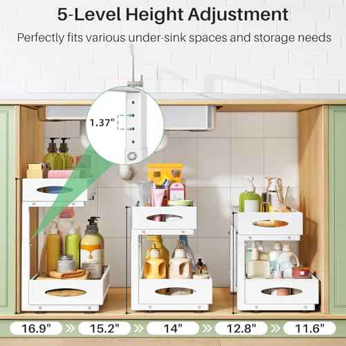 Under Sink Organizer, 2 Tier Pull out Cabinet Organizer Baskets with Mesh Sliding Drawers, Slide out Storage Shelf for Home, Kitchen, Bathroom, Pantry, Office Cabinet(1 Pack, White)
