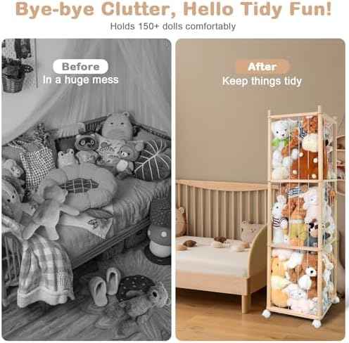 Stuffed Animal Storage, Wood Stuffed Animal Zoo Storage with Brake Wheels, Space Save Toy Organizer, Large Capacity Stuffed Animal Holder, Perfect for Nursery Playroom Kidroom Bedroom-54.3 Inch