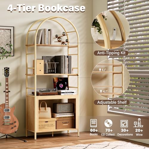 BREEZEHEAT Arched Bookshelf, 72" Tall Bookcase with Storage Shelves, Floor Standing Open 4-Tier Book Shelf with Metal Frame, Large Organizer for Living Room, Home Office, Bedroom, Natural