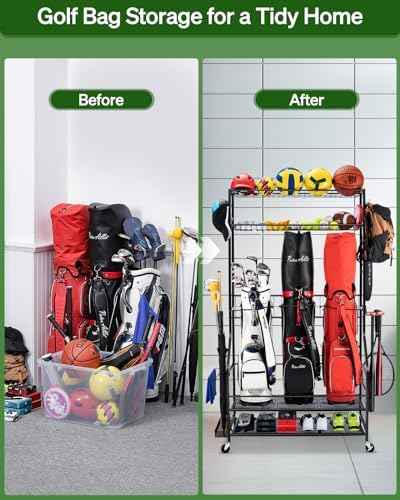 FHXZH Golf Bags Storage Garage Organizer - Stand for Single Golf Bags, Clubs, and Equipment Accessories with Wheels