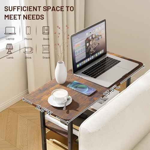 SLEEPING LAMB Side Table for Living Room, 3-Tier End Table for Small Space with Wide Storage Tabletop, Rustic Brown Narrow Nightstand for Bedroom, Sofa Couch