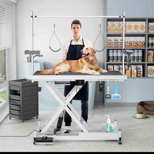 Electric Lift Pet Dog Grooming Table, Upgrade 50 Inch Heavy Duty 9'' -36'' Adjustable Height Professional Pet Grooming Table with Tool Organizer, Adjustable Overhead Arm for Large Dogs at Home, White