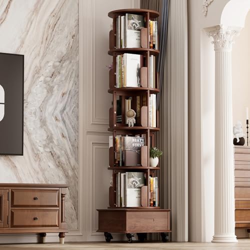 Solid Wood Rotating Bookshelf Tower on Wheels, 5-Tier Spinning