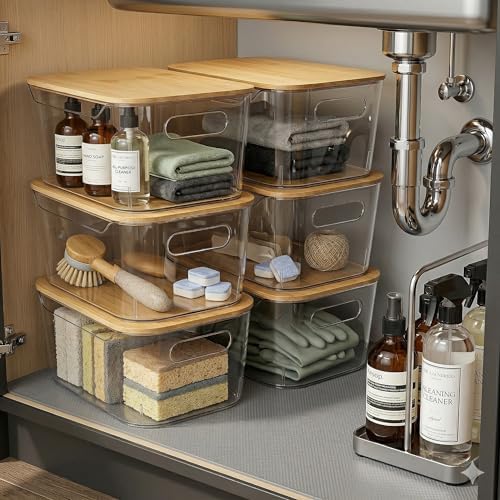 CiWiVOKi 6 Pack Clear Stackable Storage Bins with Bamboo Lids, 3.7L