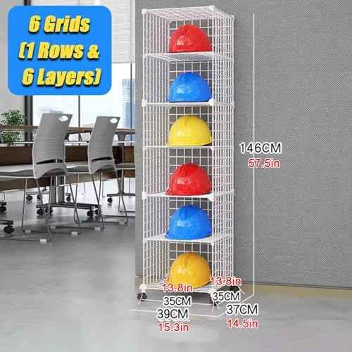 Stackable Safety Helmet Storage Boxes with Wheels, Large Adjustable Hard Hat Placement Organizer Rack, Construction Sites/Workshop/Retail Store,White-6 Grids(39x37x146cm)