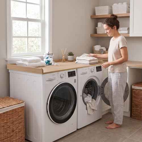 Kaboon Washer Dryer Countertop, Melamine Countertop with Edge Rails - 27.5" Depth x 54" Width Laundry Room Organization, Oak(Grey Tone)