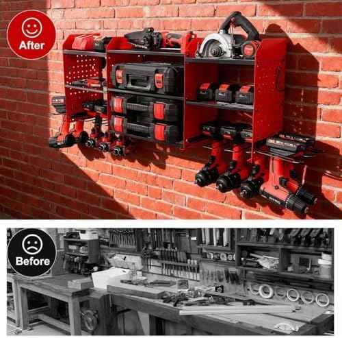 Large Power Tool Organizer Wall Mount with Charging Station, Heavy Duty Cordless Drill Holder, Garage Tool Storage Battery Rack with 8 Outlet, Gift for Men Husband Dad Birthday Anniversary Red