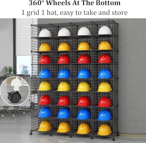 Stackable Safety Helmet Storage Box with Wheels, Large Adjustable Hard Hat Organizer Rack, Floor Standing Helmet Display Shelf for Home & Construction, Black 8 Grids