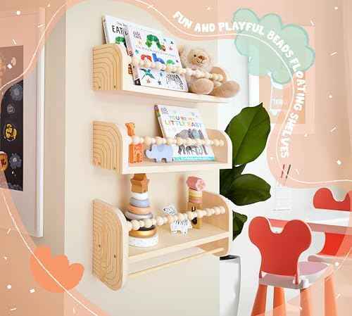 CNK Nursery Floating Book Shelves for Wall Mounted Set of 3 Book Shelf for Kids Room, Toddler Room, Baby Rooms Natural Pine Wood Bookshelf Toy Storage with Rack Playroom Decor